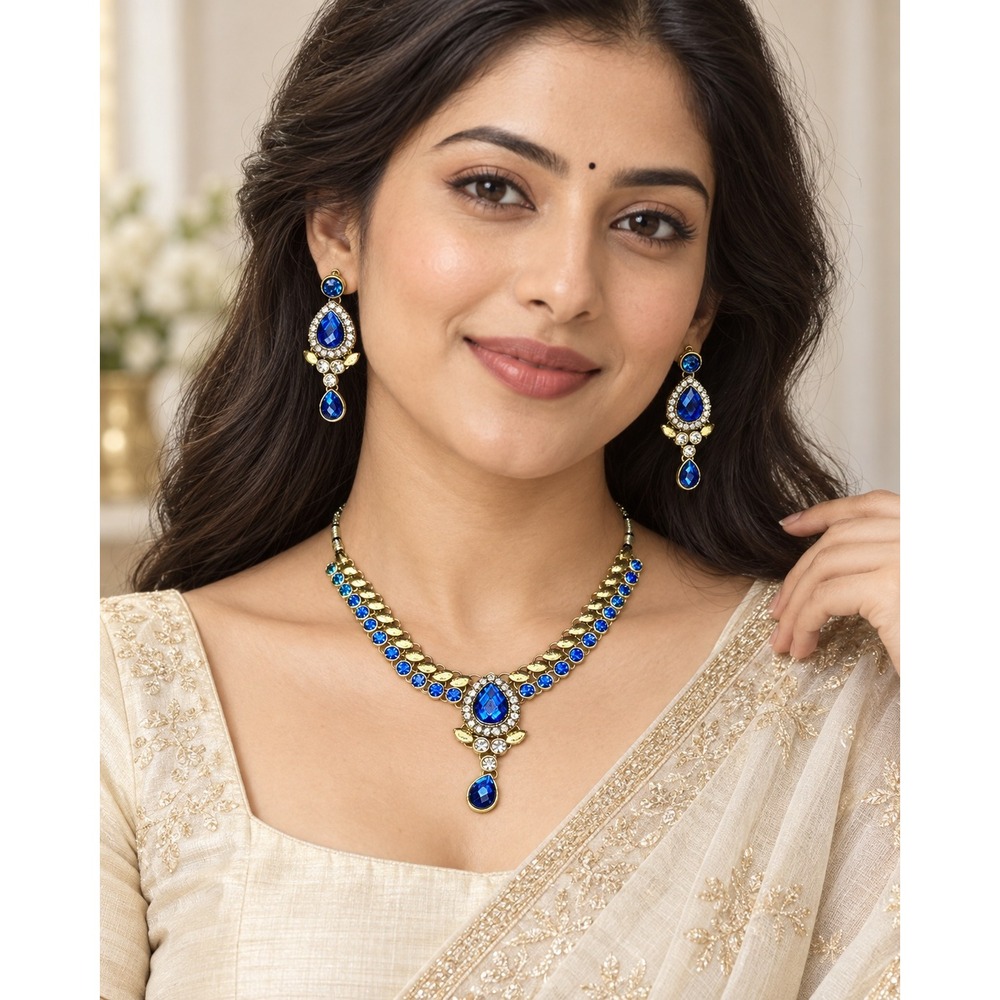 Blue Rhinestone Necklace Earrings Set Gold Tone Bridal Bollywood Jewelry